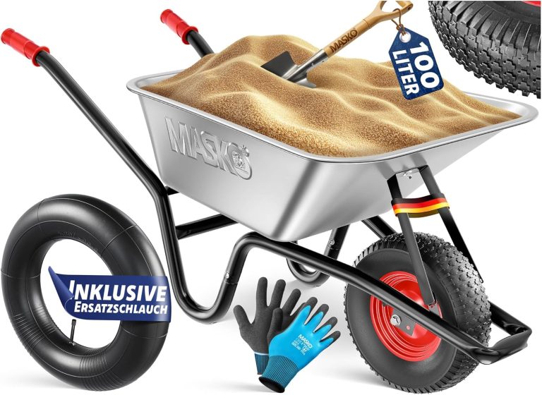 MASKO® Brouette | Capacité 100 litres | 250 kg | Pneus à air avec jantes en acier + chambre à air de rechange | Châssis en acier galvanisé | Gants